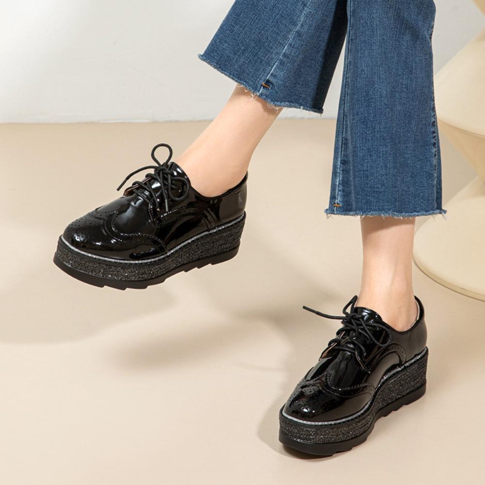 2026 New Women Round Toe Deep‑Cut Patent Leather Lace‑Up Wedge Platform Pumps, British Style Height‑Increase Versatile Thick‑Sole Casual Leather Shoes