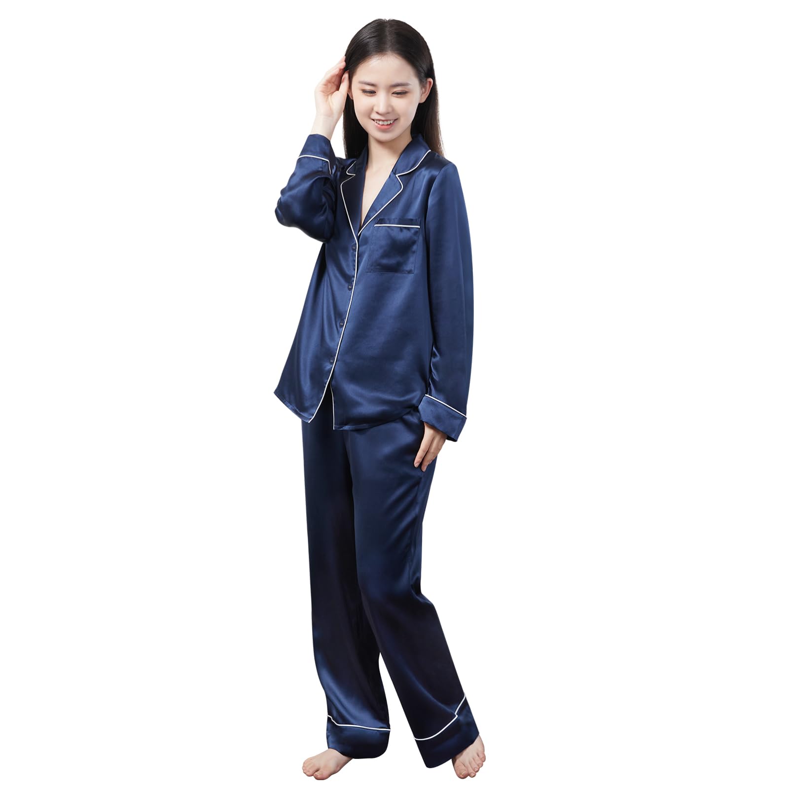 

Шелковый ранг 6A Летний новый бренд, представленный на Cool Summer Long Top and Bottom Room Open Moisture Beautiful Present [Utukky] Женская пижама, 100% тёмно-синий