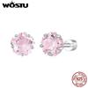 WOSTU Real 925 Silver Pink Sakula Cut CZ Stud Earrings Mini Cherry Blossom Flower Screw Back Ear Studs Lady Girl Birthday Gift