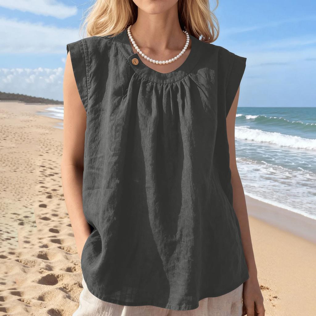 Sleeveless Loose Fit Linen Blouse for Women Casual Round Neck Solid Lightweight Summer Top Shirt