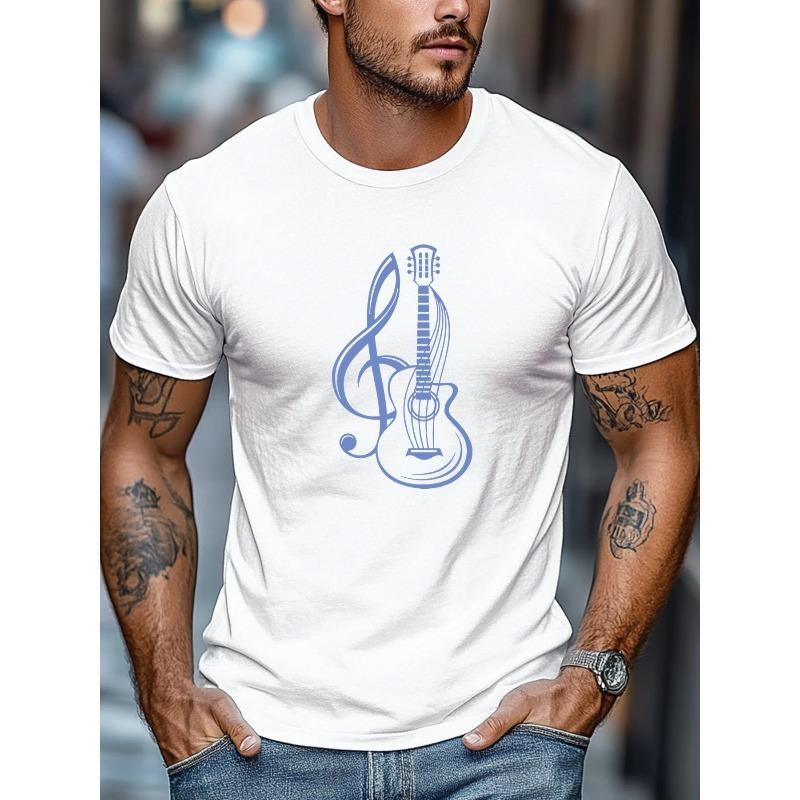 Men's T-Shirt, Relaxed and Casual, Simple and Stylish, Men's Guitar and Treble Clef Pattern Summer Casual Crew Neck T-Shirt, PLUS SIZE