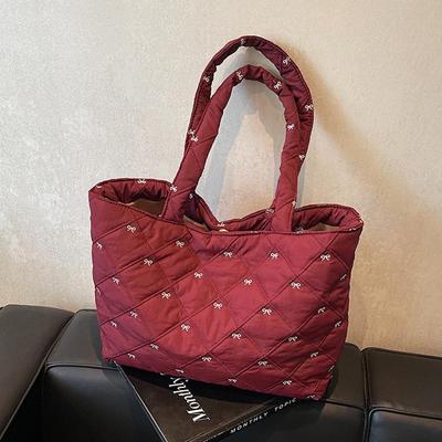 Large Capacity Shoulder Bag Cute Sweet Bow Prints Handbag Soft Puffer Tote Bag Women Commute Casual Simple Storage Bag