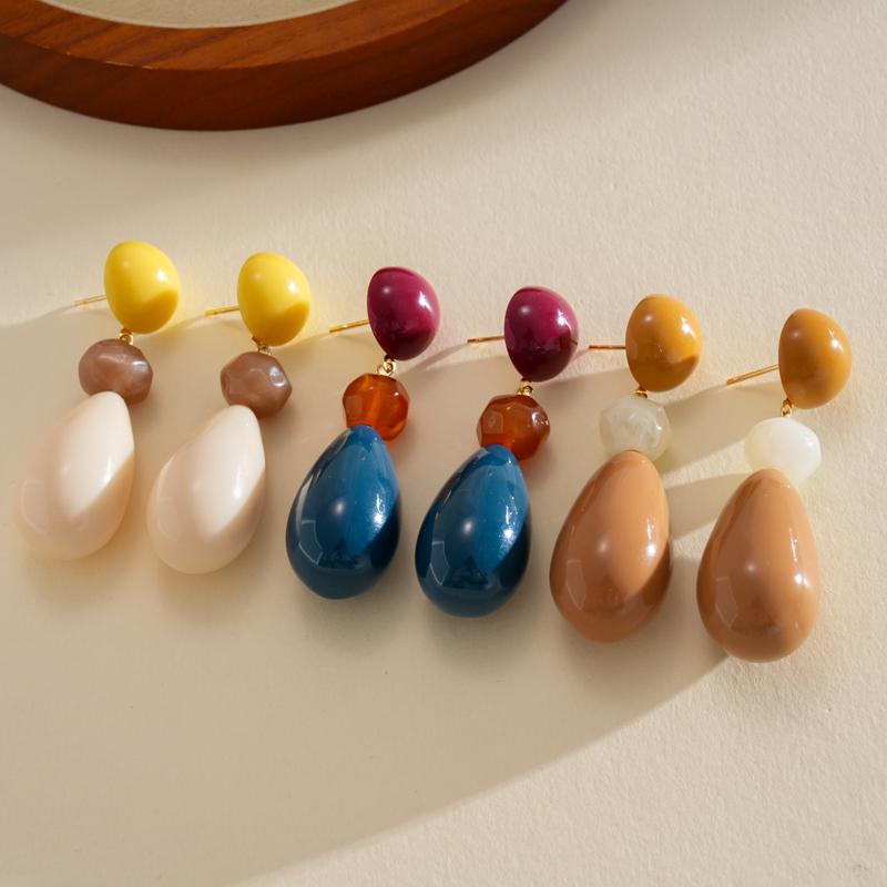 Vintage Resin Water Droplet Pendant Earrings for Women Versatile Color Blocked Geometric Long Earrings Fashion Vacation Jewelry