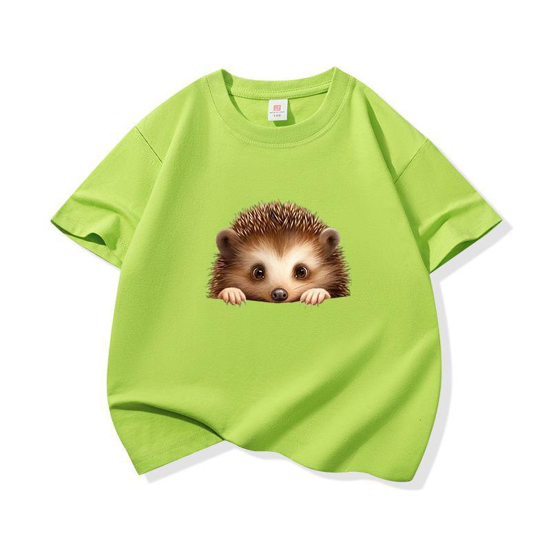 Kids Cotton T Shirt Cute Peeking Hedgehog Print Crew Neck Short Sleeve Tee Casual Breathable Boys Girls Summer Tops
