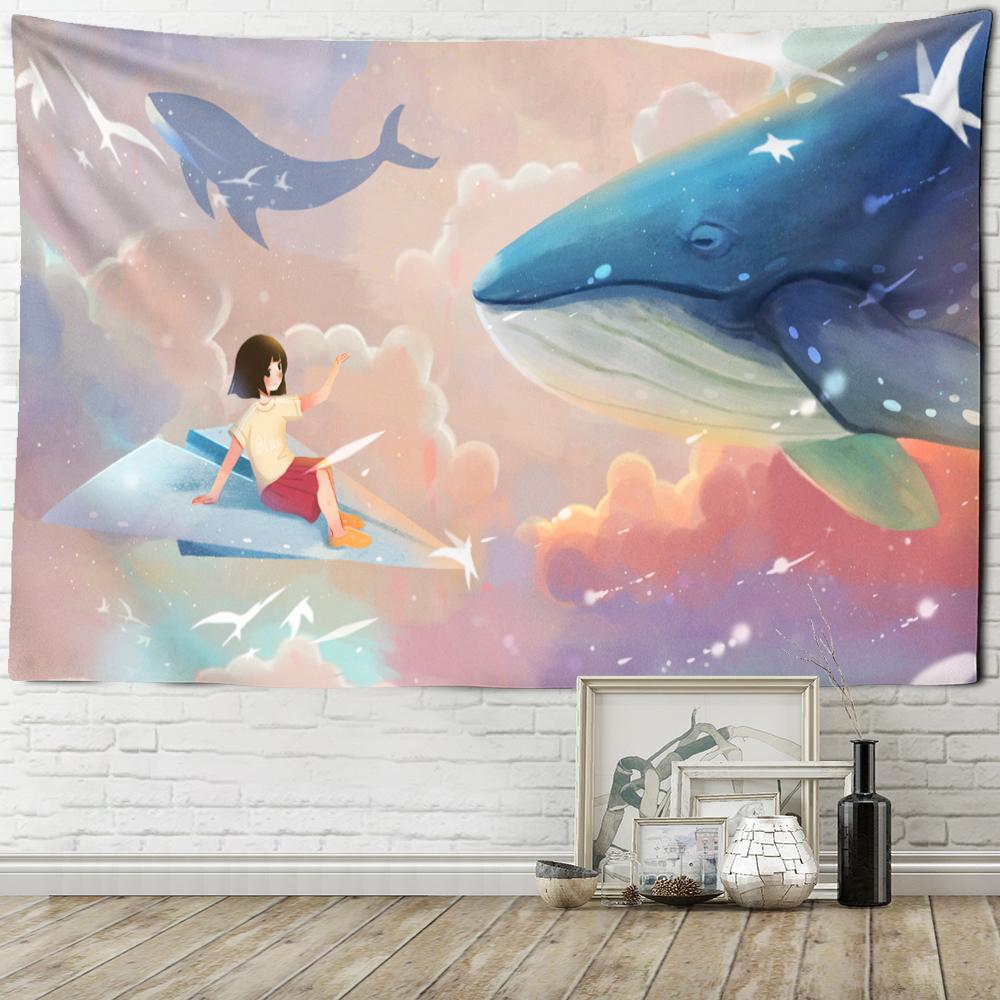 Japanese Whale Illustration Tapestry Wall Hanging Girl Sea Dragon Fish Bohemian Hippie Kawaii Carpet Children's Room Decor