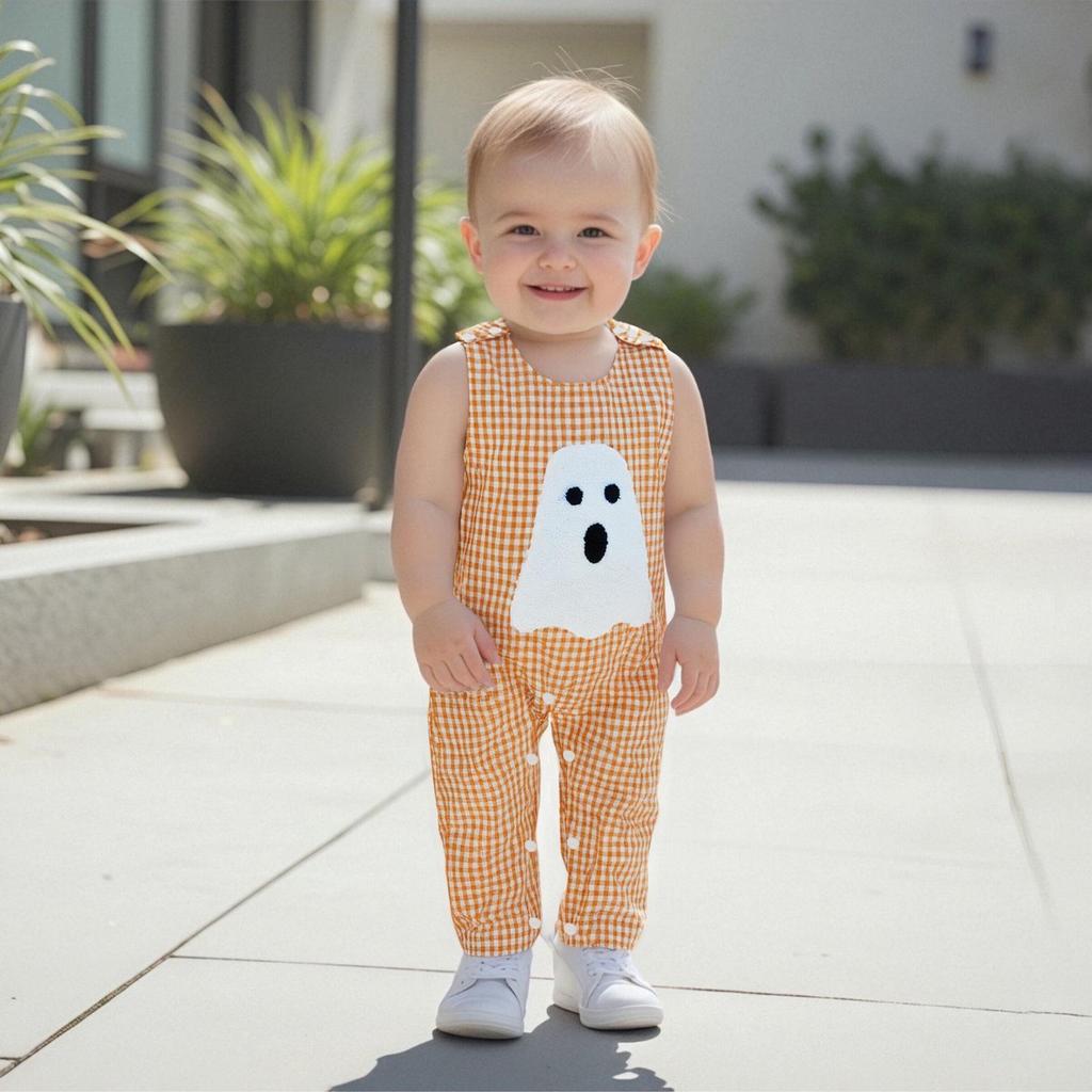 Infant Summer Halloween Ghost/Pumpkin Embroidered Sleeveless Romper