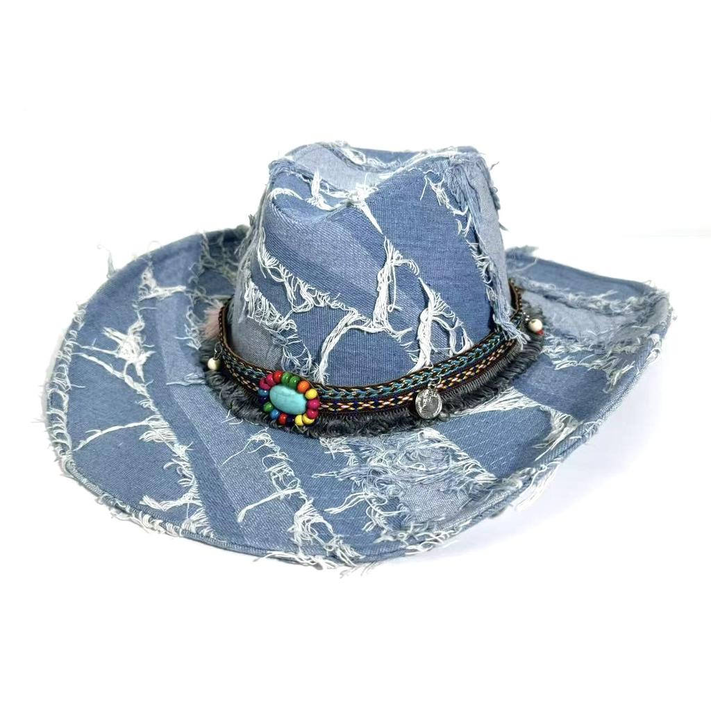 European and American Retro Blue Western Cowboy Hat Women's Spring Summer Travel Sun Protection Big Brim Sun Hat Burr Edge Knight Hat Men