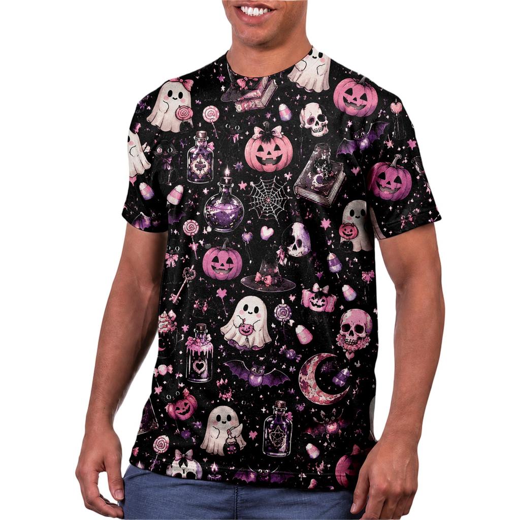 Halloween All Over Print T Shirt, Cute Pumpkin Graphic Tee for Women Men