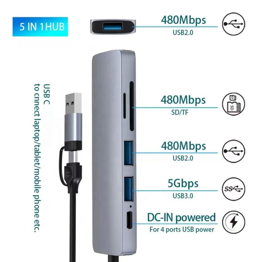 Dual Plugs 5 In 1 USB C To USB Hub and SD / Micro SD Card Reader for MacBook Pro,ChromeBook, Mobile ,other Type C Devices
