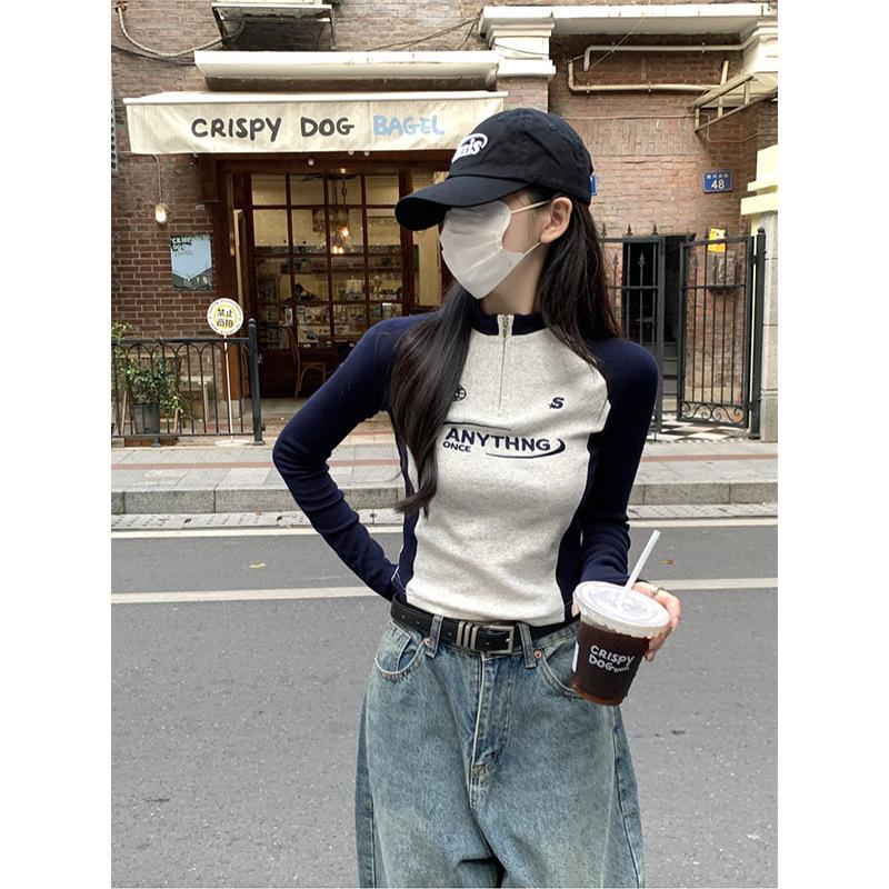 Spring half-zipper stand-up neck bottoming shirt contrasting color embroidery shoulder sleeves long-sleeved T-shirt Spice Girl Top