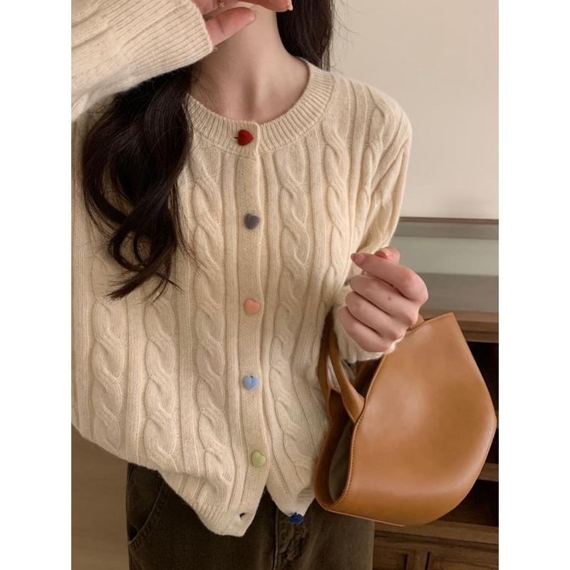 

Autumn and winter sweet color love button knitted cardigan fashion twist versatile soft waxy sweater jacket women One size