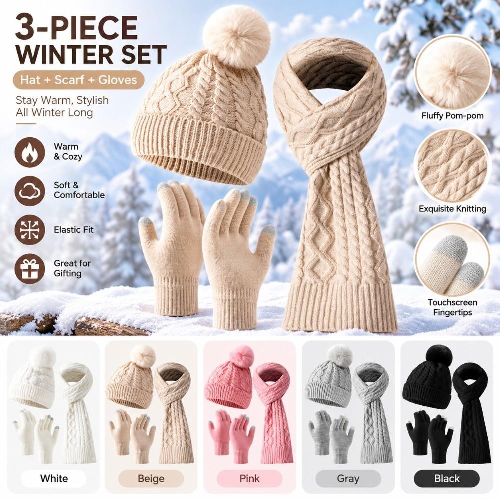 3Pcs/Set Warm Knit Beanie Snood Set Knitted Touchscreen Gloves Winter Hat Scarf Gloves Set  Unisex