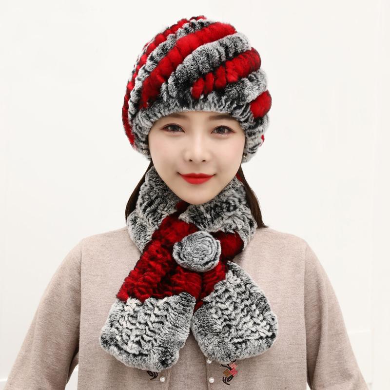 Winter Knitted 100% Natural Fur Hats Scarves Sets Women Warm Real Rex Rabbit Fur Hat Scarf Lady Fashion Thick Rex Rabbit Fur Hat