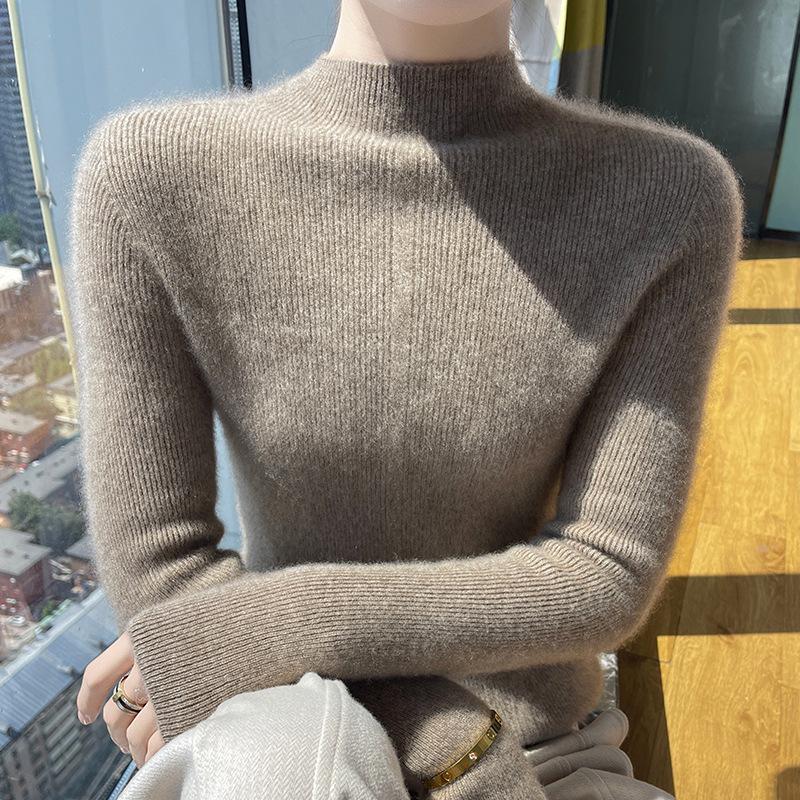 Women's Slim-Fit Wool Sweater - Autumn/Winter, Versatile Cashmere Knit, Half-High Collar