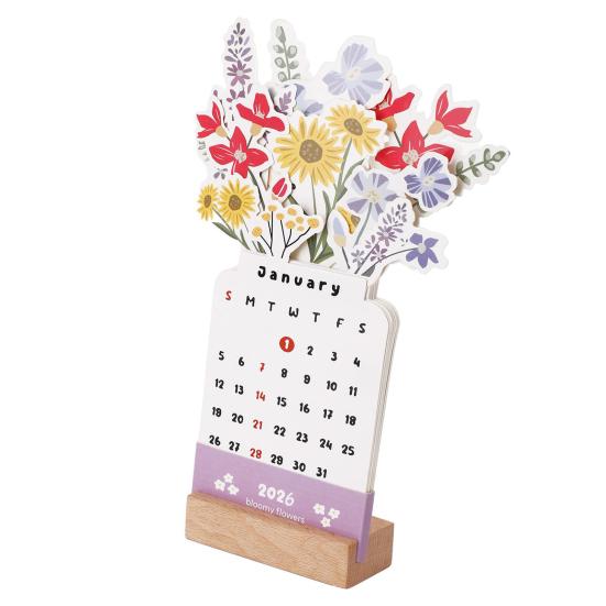 Blumenvase Kalender 2026 Floraler Schreibtischkalender mit Holzfuß Blühender Blumen Monatskalender für Zuhause Büro Schule