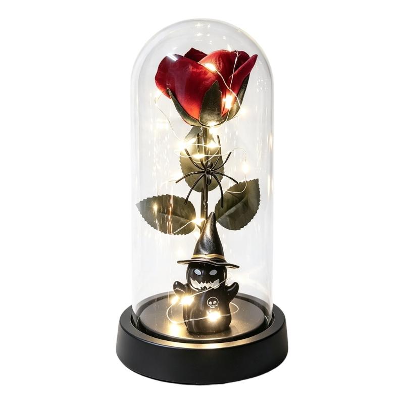 Halloween Rose Accent Light, Cloche Glass Cover with Warm String Lights for Window Ledges and Entry Tables at 