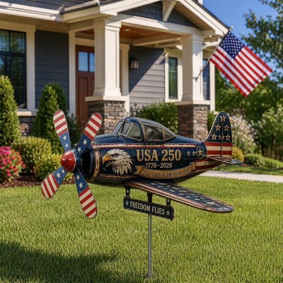 Yousheng USA 250th Vintage Plane Wind Spinner, 1776 2026 Patriotic Helicopter Windmill Stake with Spinning Propeller, 2D Outdoor Metal Airplane