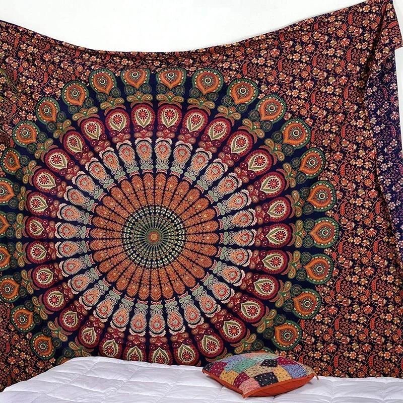 Indischer Hippie Bohemian psychedelisches Goldenes Blau Pfauen Mandala Wandbehang Feine Kunst Heimdekoration Wandteppich