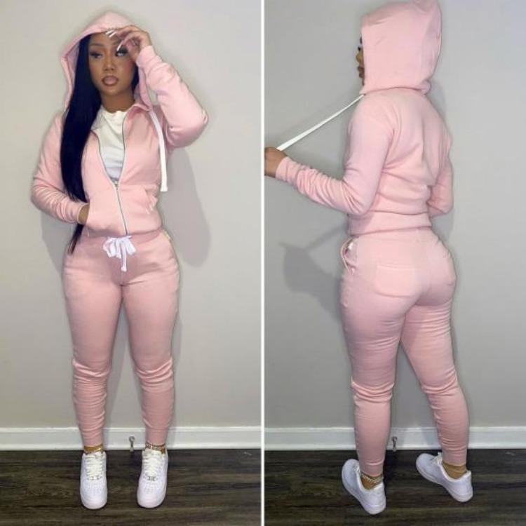 2Pcs Winter Women Tracksuit Set Fleece Lining Hooded Sweatshirt Coat with Long Sleeves Pockets Zipper Placket Elastic Waist Jogging Fall Solid Color