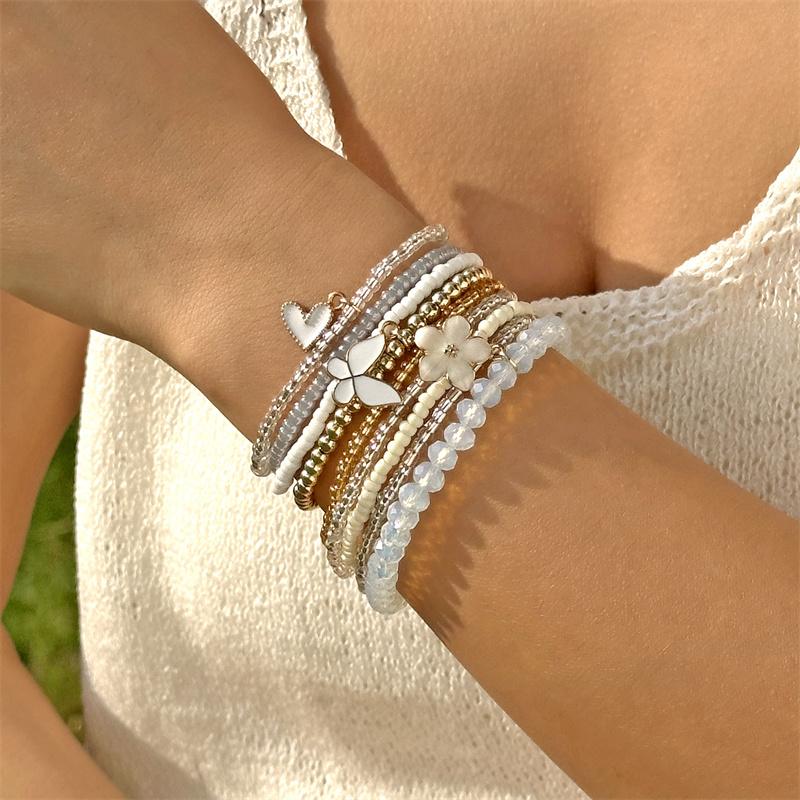 9Pcs/Set Y2K Coquette Layered Bracelet for Women Sweet Pink Butterfly Charm Heart Flower Pendant Stackable Wristband Accessories