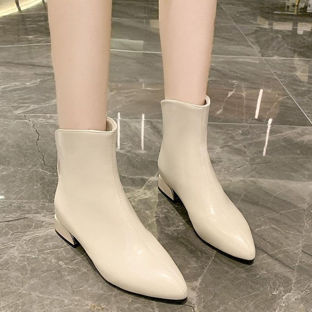 Fashion Women Artificial Leather Solid Color Thick Sole Square Heels Zipper Short Booties Pointed Toe Platform Boots for Women
