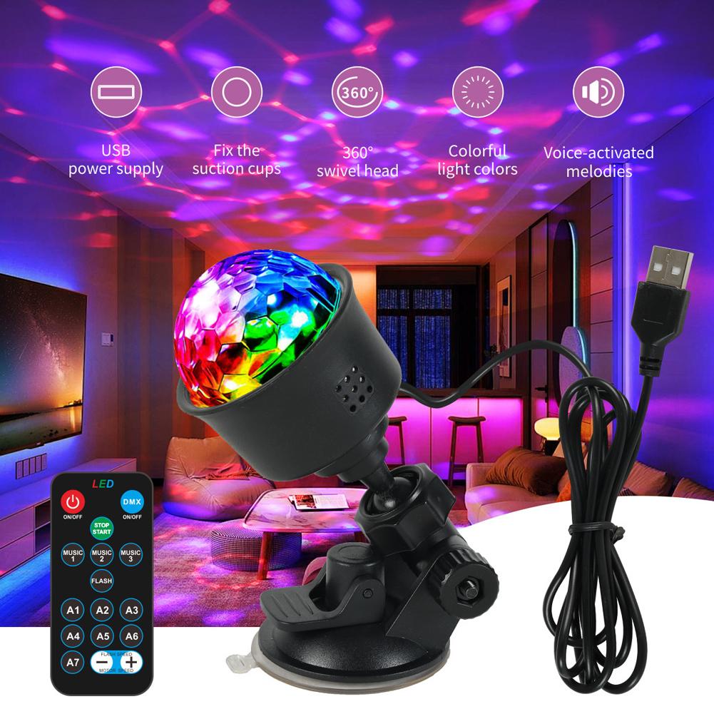 USB RGB Car LED Strip Light Sound Activated Music Rhythm Ambient 7 Color Strobe Disco Party Lamp 360° Rotating Light
