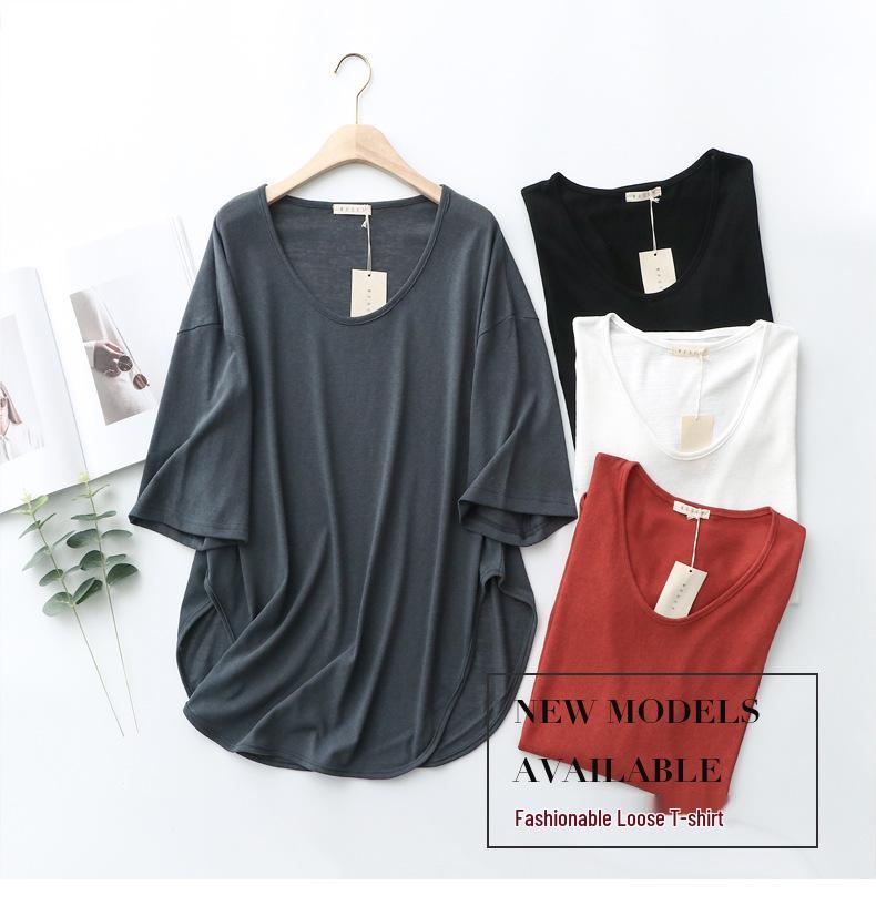 Women's Korean-Style Summer Cotton Linen Round Neck Shirt, Loose Fit, Mid-Sleeve, Plus Size Casual Top