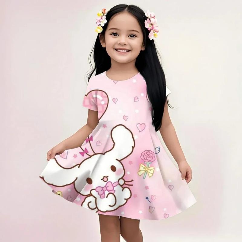 Cartoon pattern printed dress for girls, comfortable polyester blend, elastic and comfortable 110