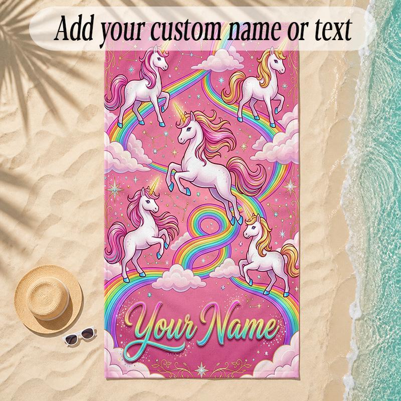 Unicorn Theme Soft Beach Towel Personalized Custom Name Text Towel Portable for Beach Pool Travel