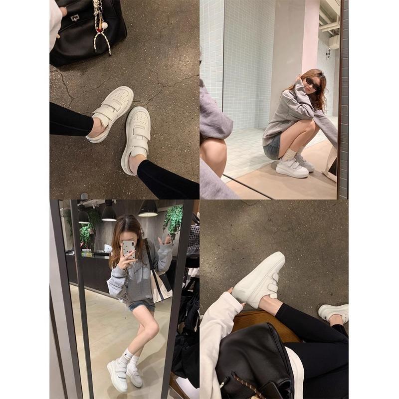 Height increase small leather new round head Velcro thick sole height increase casual shoes board shoes women white shoes women
