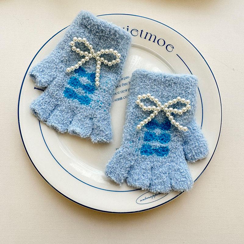 

New Children s Warm Gloves Pearl Bow Children s Finger Gloves Student Writing Fingerless Five Finger Gloves One Size