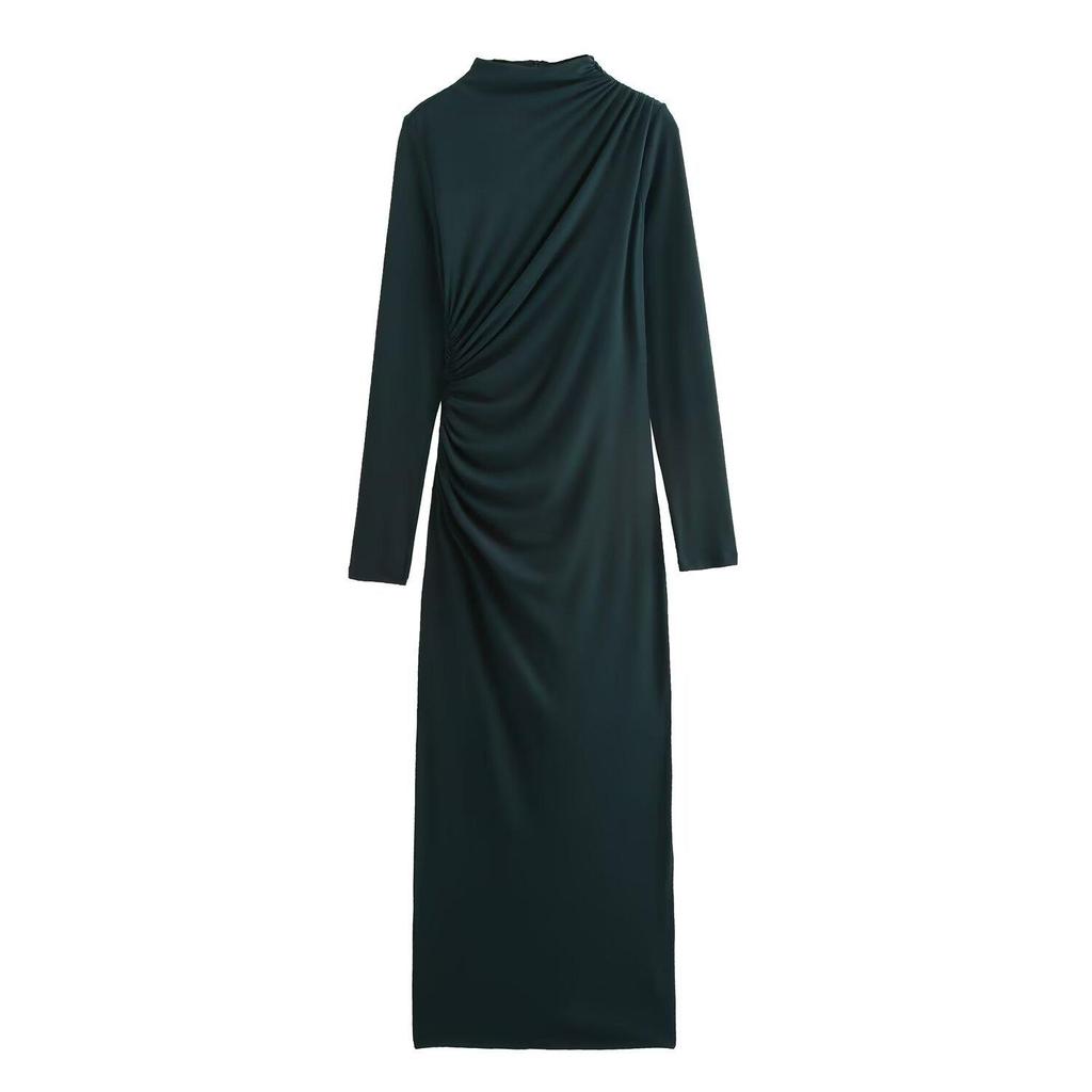 European & American Style Pleated Long Sleeve Slim Dress with Stand-Up Collar for Autumn & Winter - Women's Collection.
