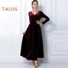Abendkleid für Damen, goldener Samt, V-Ausschnitt, plissiert, A-Linie, reine Farbe, lange Ärmel, langes Kleid, hohe Taille, Abschlussball, Party, Maxikleid