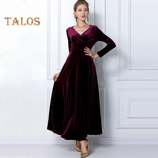 Abendkleid für Damen, goldener Samt, V-Ausschnitt, plissiert, A-Linie, reine Farbe, lange Ärmel, langes Kleid, hohe Taille, Abschlussball, Party, Maxikleid