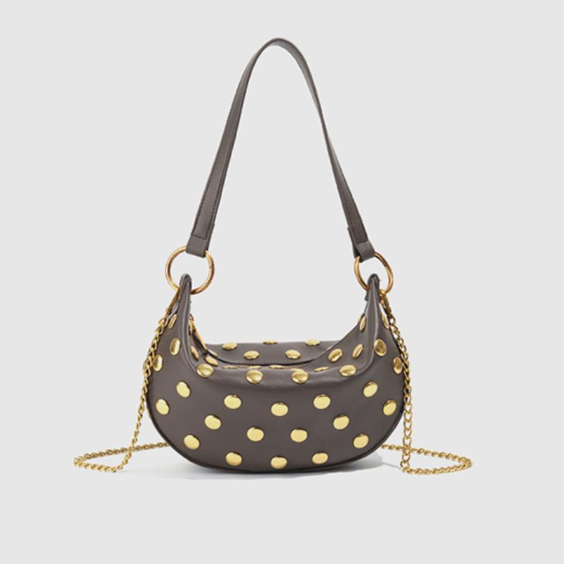 European American Retro Punk Shoulder Bag Fashion Rivet Decor Underarm Bag Niche Designer Style Crescent Shape Zippered Handbag