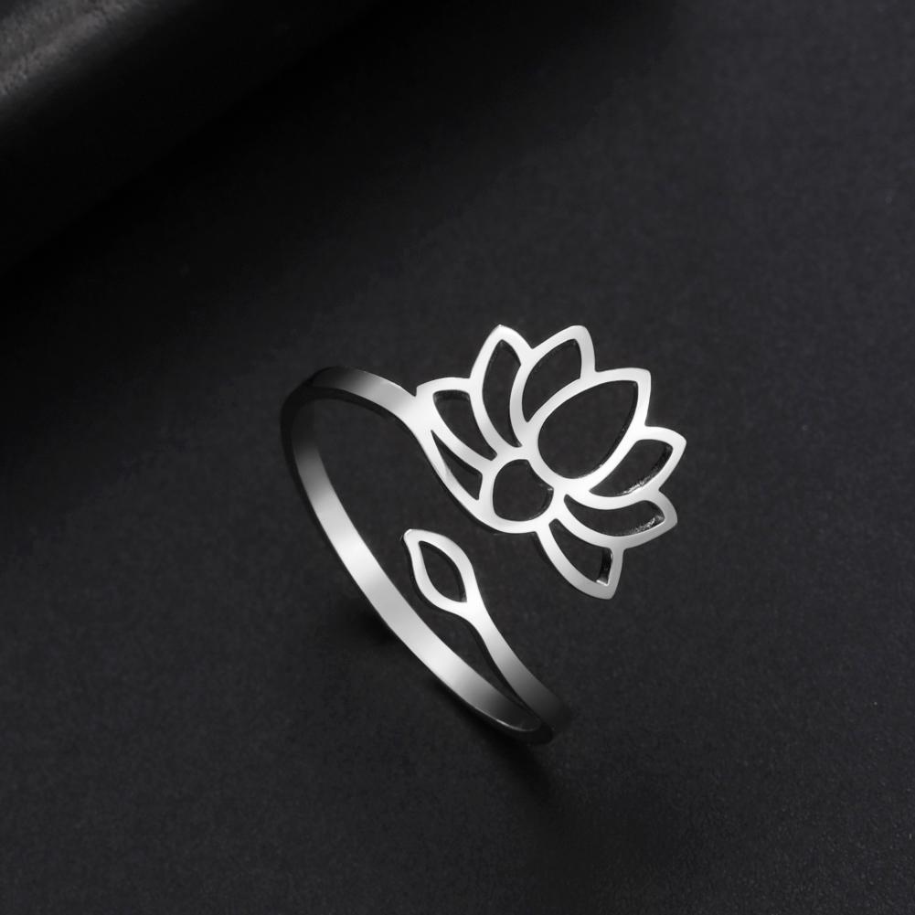 Stainless Steel Lotus Flower Rings Silver Color Yoga Buddha Adjustable Ring Om Symbol Amulet Vintage Jewelry New Year Gifts