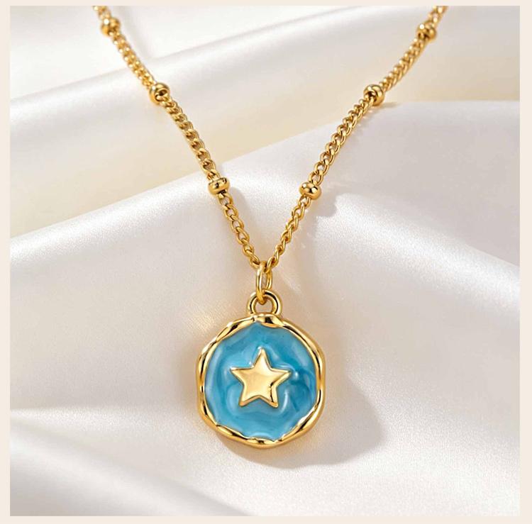 Colorful Enamel Round Pendant Necklace, Star Cross Heart Moon Choker, Stainless Steel Tarnish Resistant Clavicle Jewelry