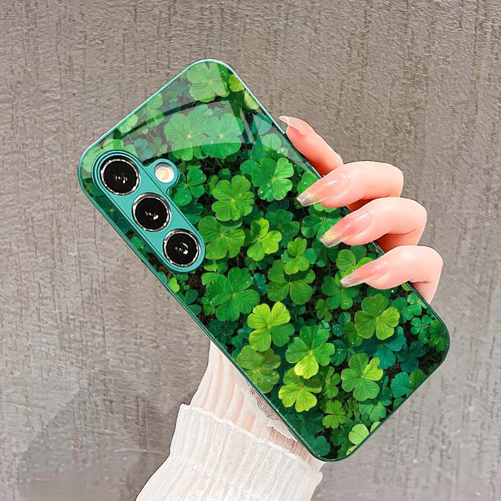 Scenery Four-leaf Clover Glass PhoneCase for Samsung Galaxy S26 S25 S24 S23 S22 S21 FE Ultra Plus Built-in Glass Green Exquisite