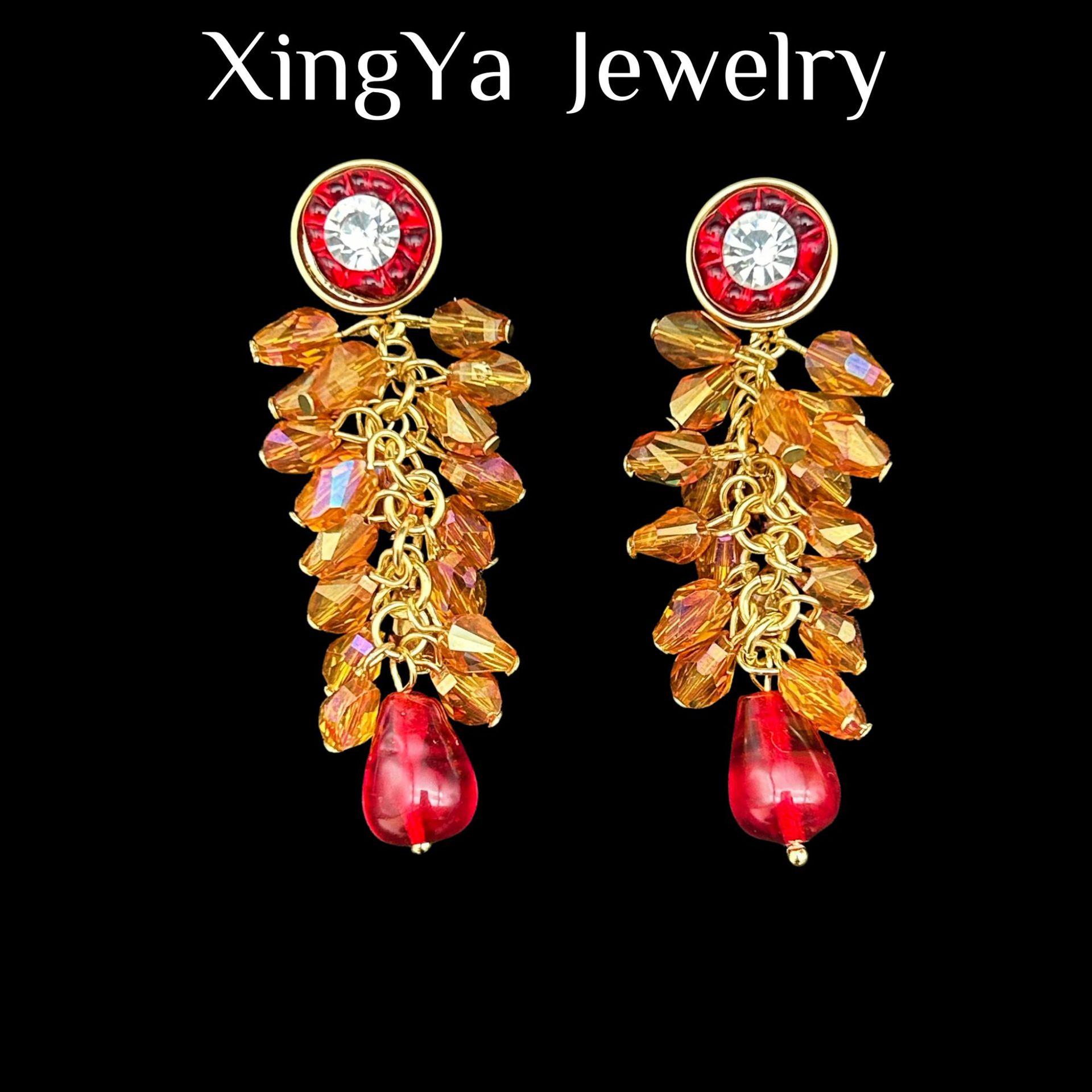Light Luxury Temperament Heavy-duty Glass Tassel Earrings Bohemian Style Versatile Elegant Red