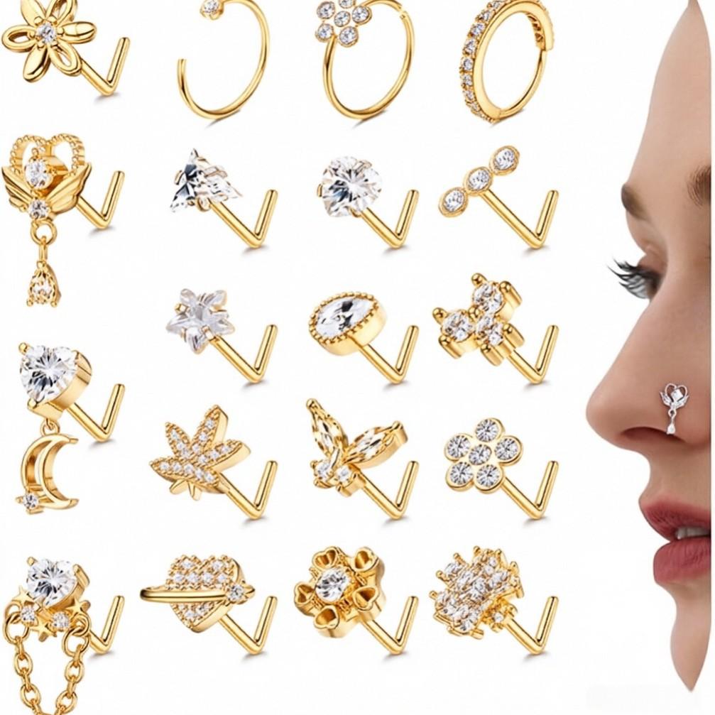 Multi-Style 316 Stainless Steel Diamond-Inlaid Flower Butterfly Heart Nose Stud Set Unisex Body Jewelry