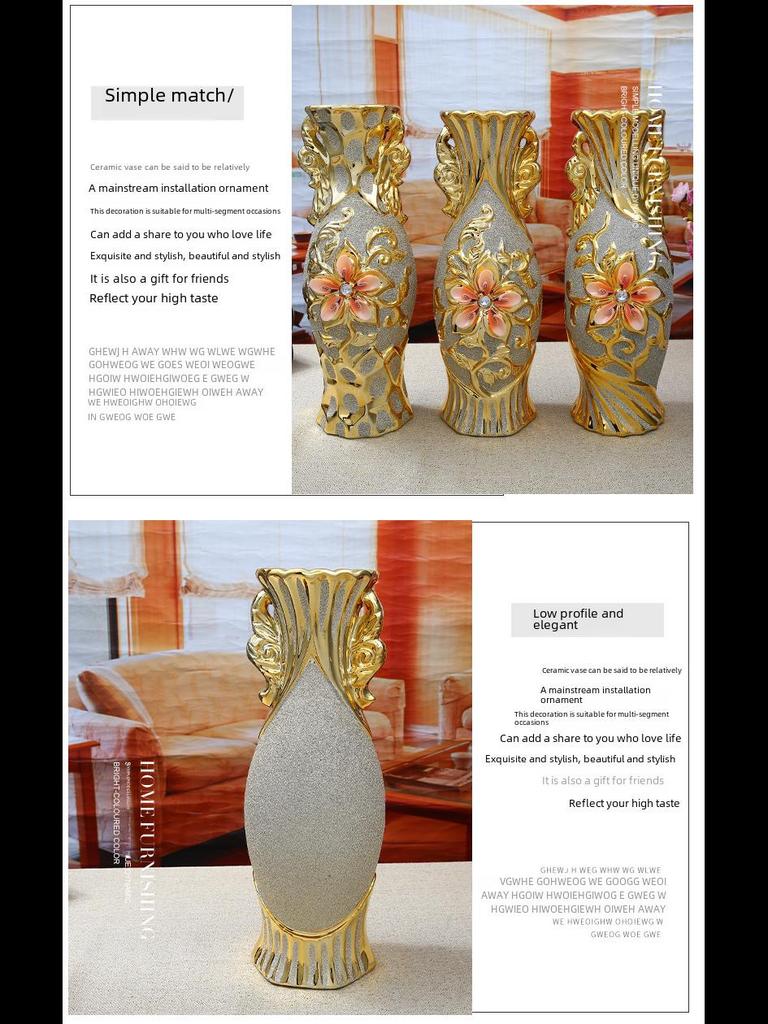 European Ceramic Vase Ornament, Gold Wedding Gift, Living Room Decoration, Soft Home Furnishing