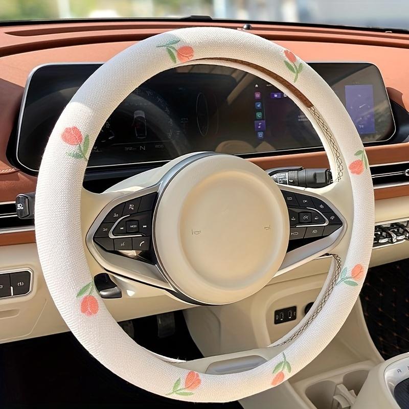 2pcs Cotton and Linen Embroidered Tulip Car Steering Wheel Cover Auto Parts - Anti-Slip, Wear-Resistant, Sweat Absorbing
