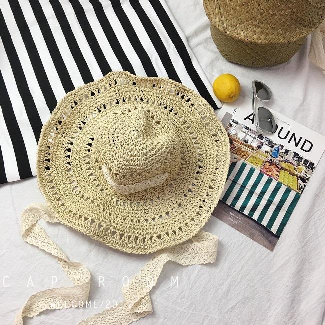Lace Strap Fisherman Straw Hat Female Summer Eaves Sunshade Travel Straw Folding Beach Sun Hat