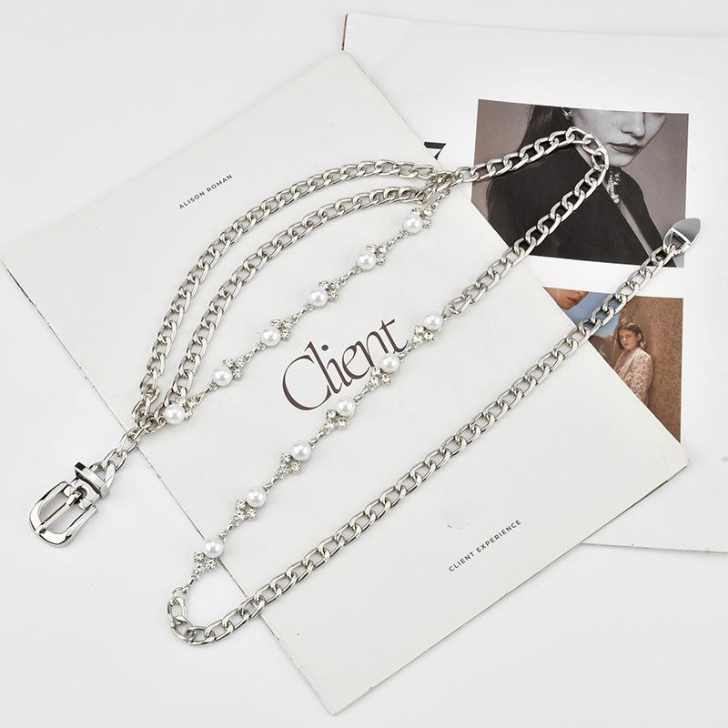 Needle Buckle Pearl Rhinestone Woven Metal Waist Chain Men and Women Hip-hop Fashion Light Luxury Dress Accessories Belt Women
