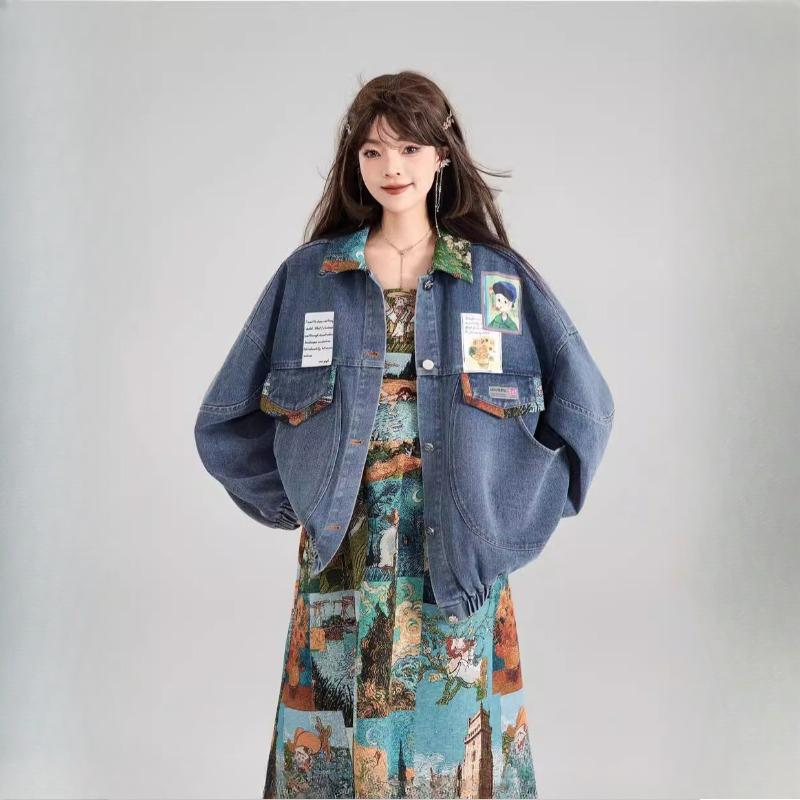 

Винтажная жаккардовая джинсовая куртка женская свободная универсальная одежда французский стиль весна осень XS синий