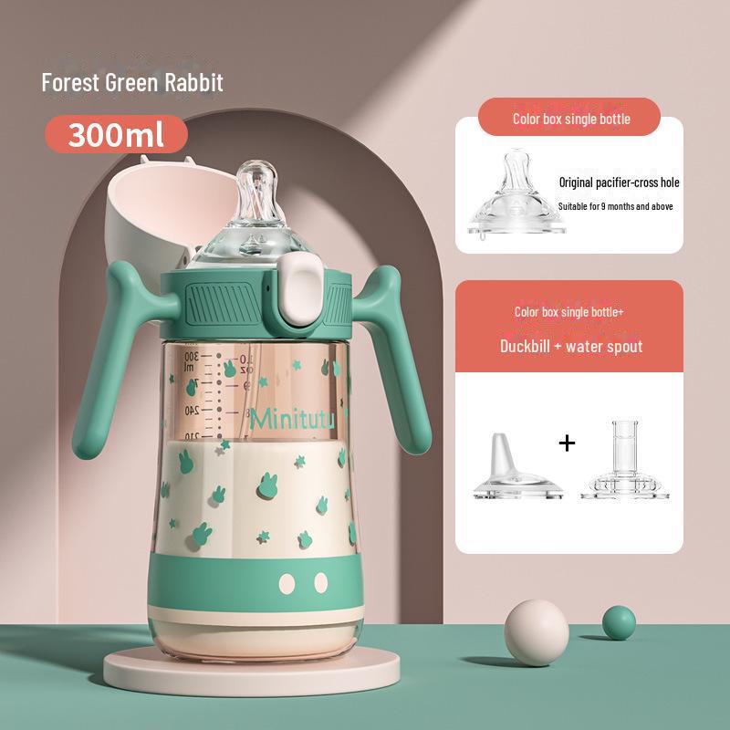 Minitutu Wide Mouth Bottle with Temp-Sensitive Scale, Flip-Top, Anti-Fall, Anti-Flatulence, and Suction Duckbill