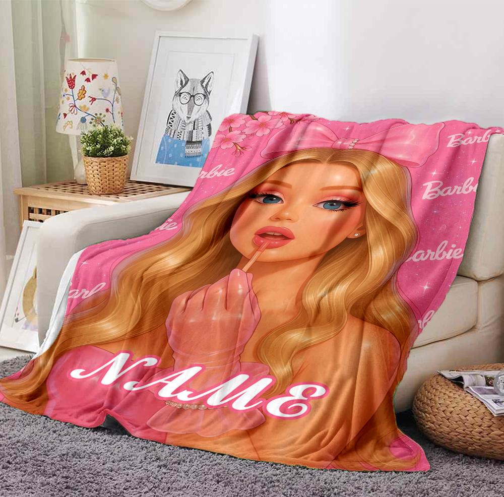 Custom Name Pink Barbie Flannel Blanket Throw Blanket Soft Warm Sofa Bed Home Decor Unique Gift