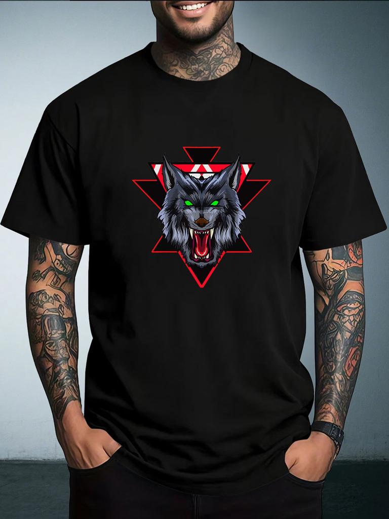 Unisex Summer White Short Sleeve Tee Cool Roaring Wolf Triangle Graphic Print Crew Neck Loose Male Casual Streetwear Tops
