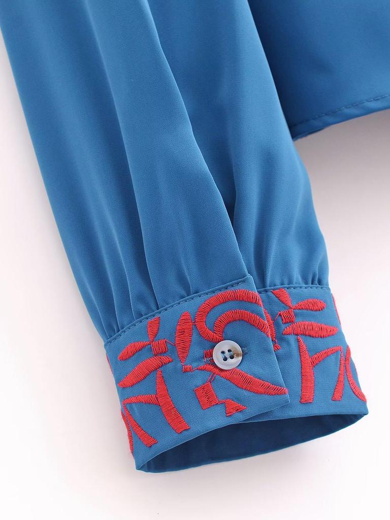 2024 Autumn Women's European & American Style Red Embroidered Denim Shirt