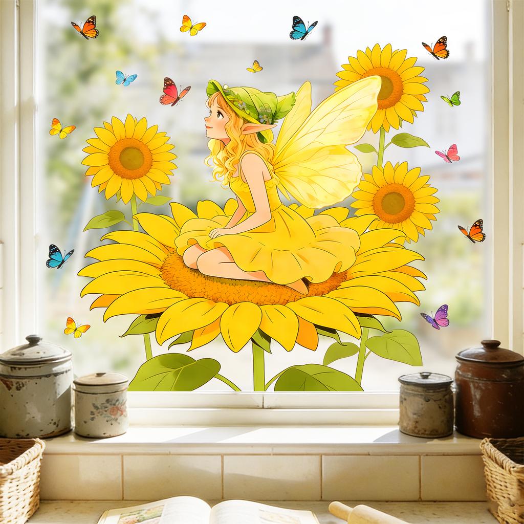 Sunflower Fairy Butterfly Static Cling Window Sticker for Kitchen Balcony Home Decor